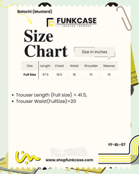 Funkcase size chart for Balochi Mustard clothing with measurements in inches.
