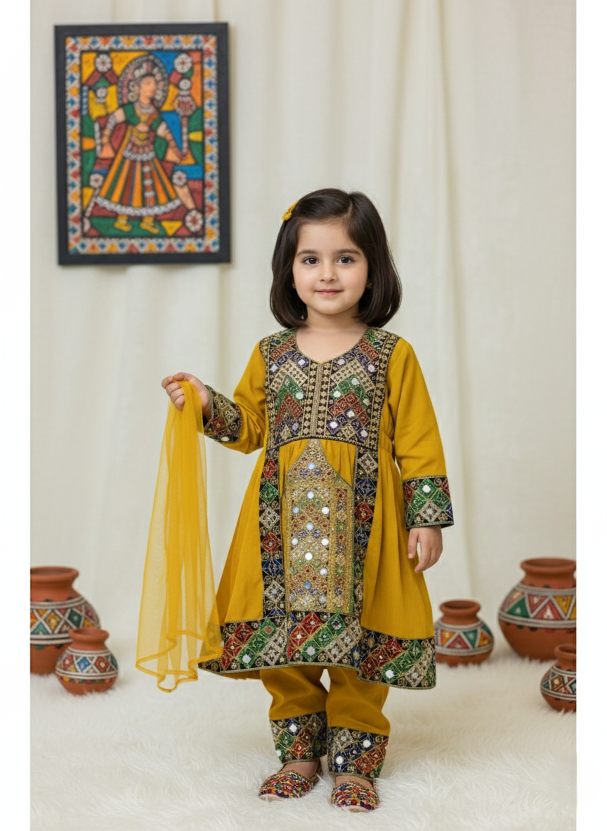 Young girl in a traditional embroidered outfit with a colorful painting in the background