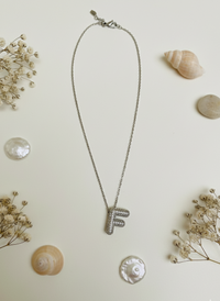 Necklace with 'F' pendant on a light surface with dried flowers and shells