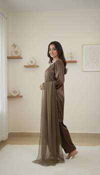 A woman wearing a brown long-sleeve maxi dress with a sheer overlay skirt, standing in a minimalist room with beige walls, floating shelves, and a white rug.