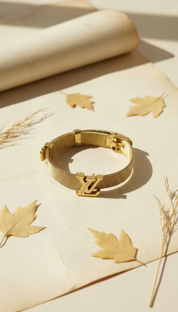 Gold bracelet with a brand logo on a beige surface with leaves