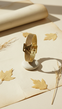 Gold bracelet on a white stand with leaves and paper in the background