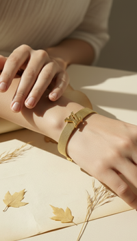 Gold bracelet on a wrist with a neutral background