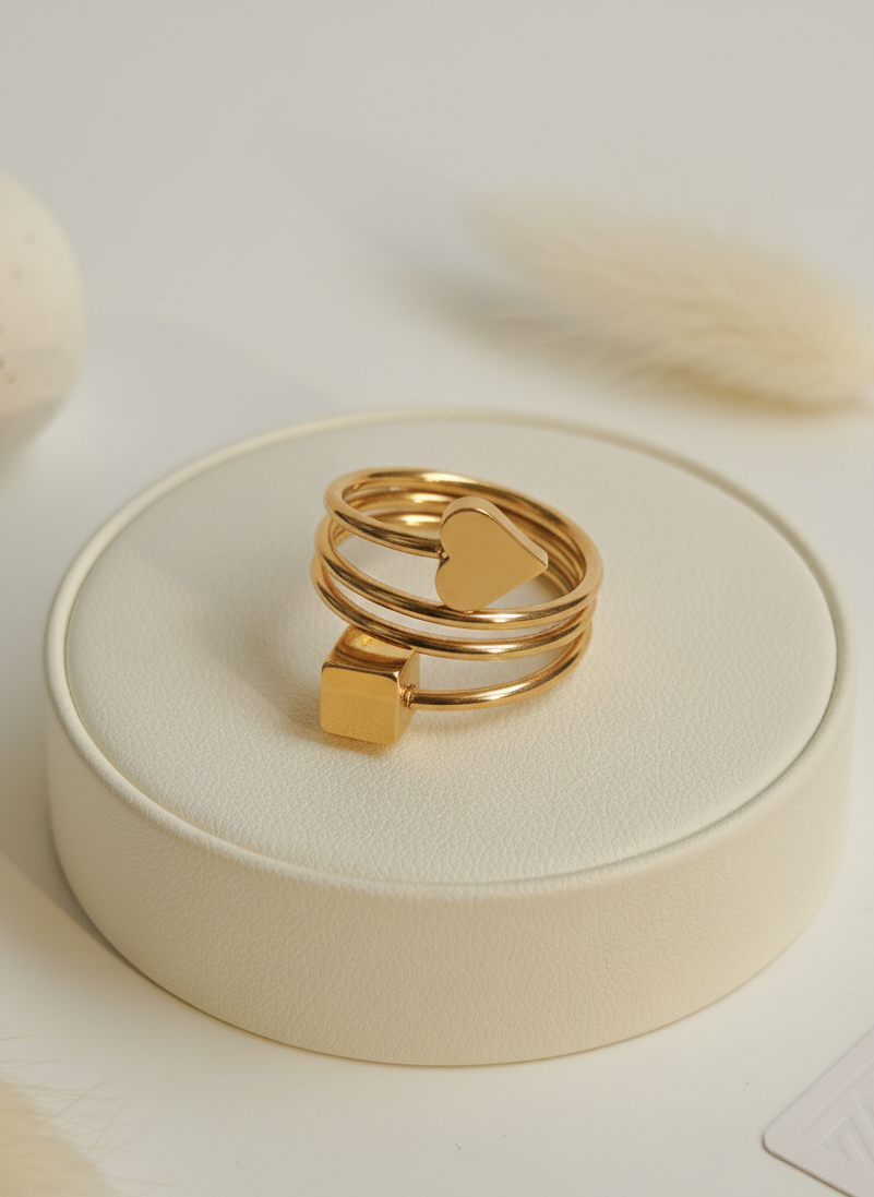 Gold ring with heart and square designs on a white surface