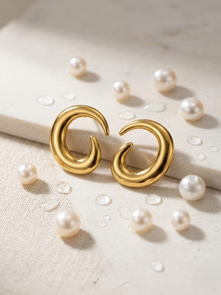 Gold hoop earrings with pearls on a light background