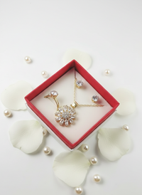 Jewelry set with necklace and earrings in a red box on white petals