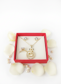 Gold jewelry set with necklace, earrings, and ring in a red box on a white background