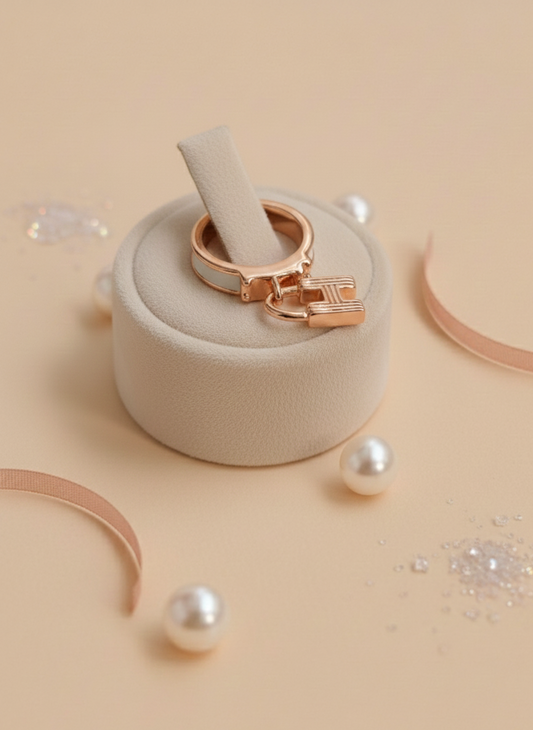 Rose gold ring on a white ring box with pearls on a beige background