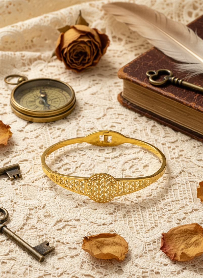 Gold bracelet on a lace surface with dried roses, keys, and a compass.