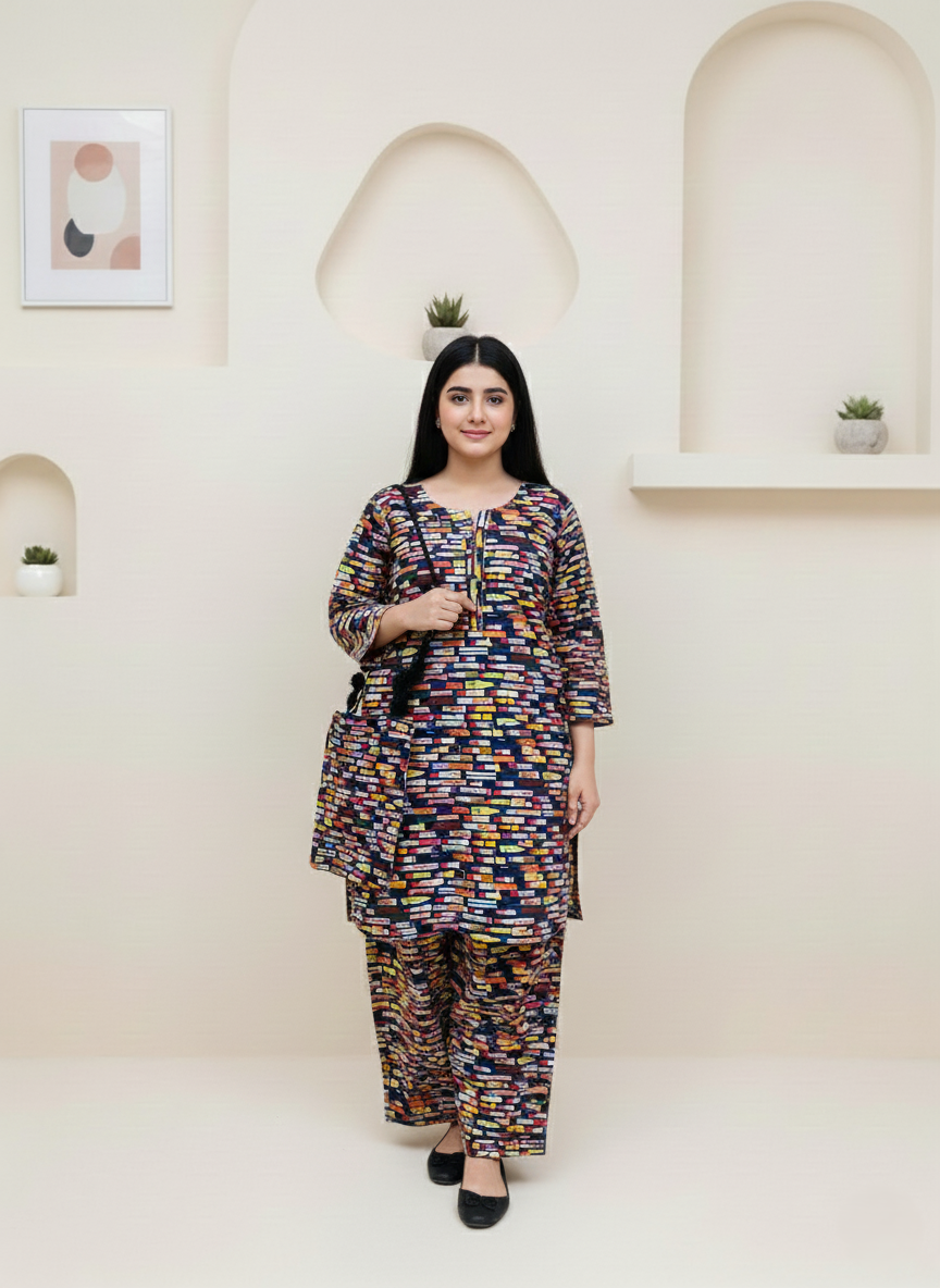 Woman wearing a colorful outfit standing against a white wall with decorative elements.
