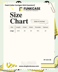 Funkcase size chart for a pearl collar corrigan shirt on a light green background