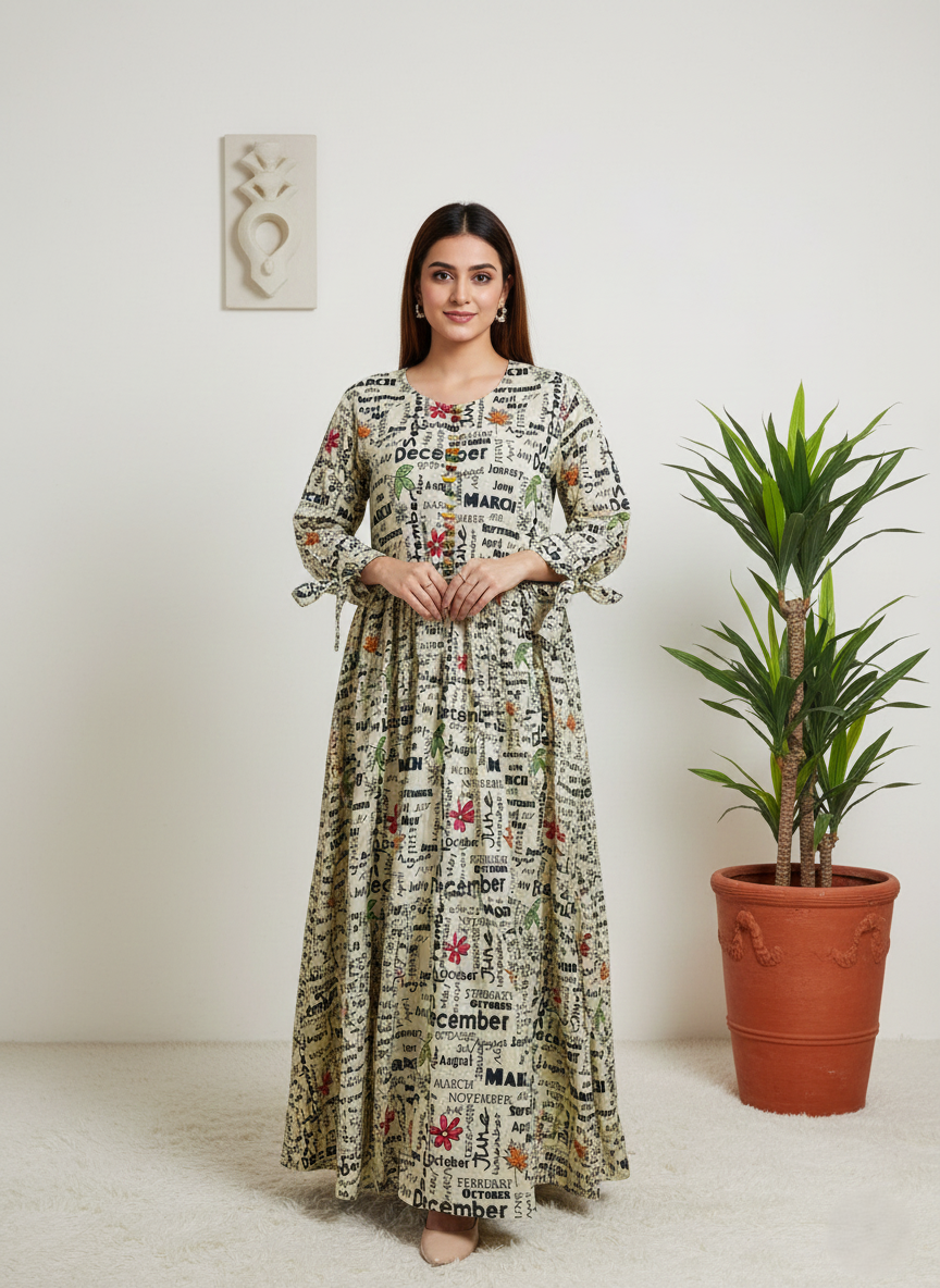 Woman wearing a long, patterned dress standing next to a potted plant against a white wall.