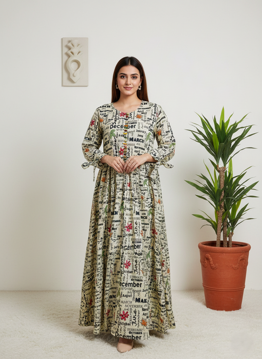 Woman wearing a long, patterned dress standing next to a potted plant against a white wall.