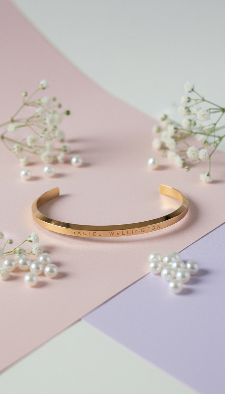 Gold bracelet on a pastel pink and purple background with small white flowers.