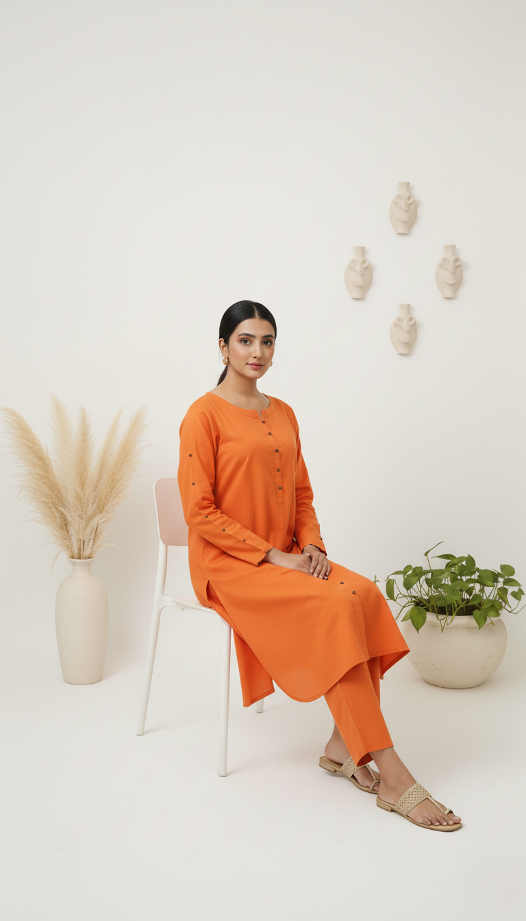 Woman in an orange outfit sitting on a white chair with decorative elements in the background.