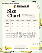 Funkcase size chart for a solid pearl coordinate set with measurements in inches.