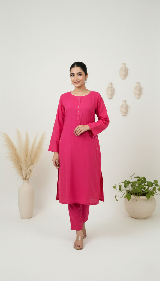 Woman wearing a pink kurta with pants standing against a white background with decorative elements.
