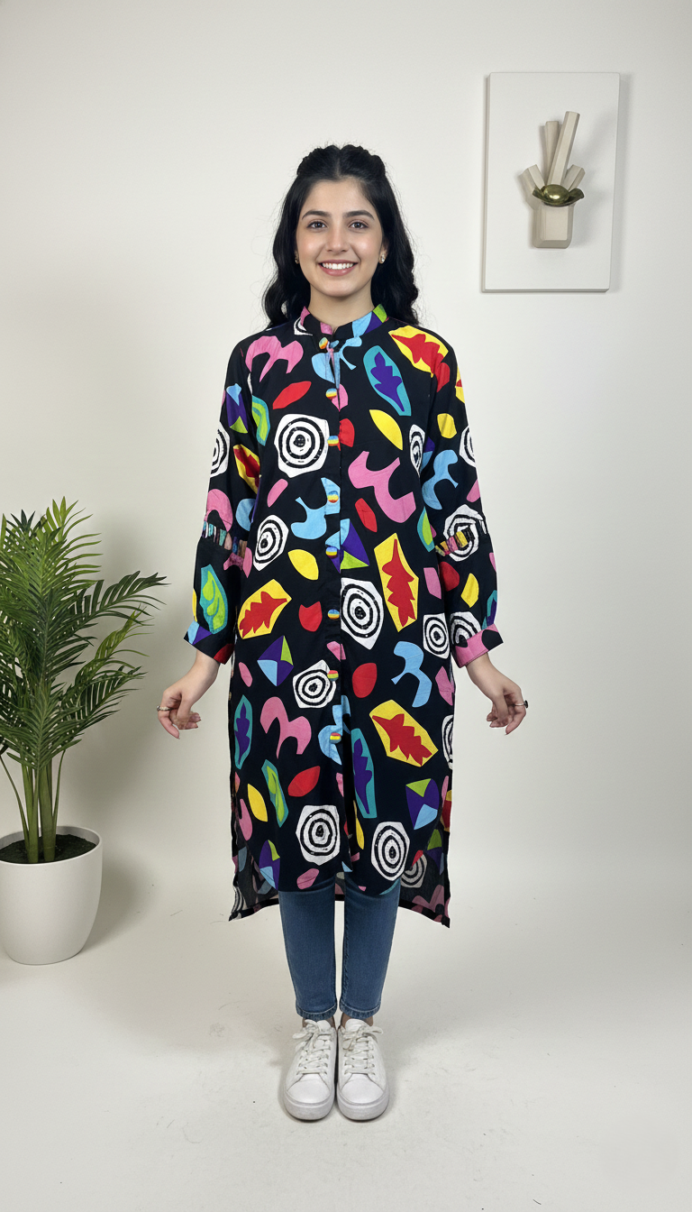 Woman wearing a colorful patterned dress on a white background