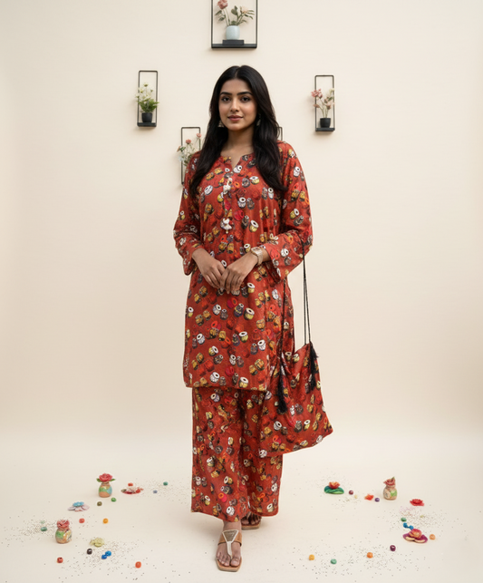 Woman wearing a red floral outfit with a beige background