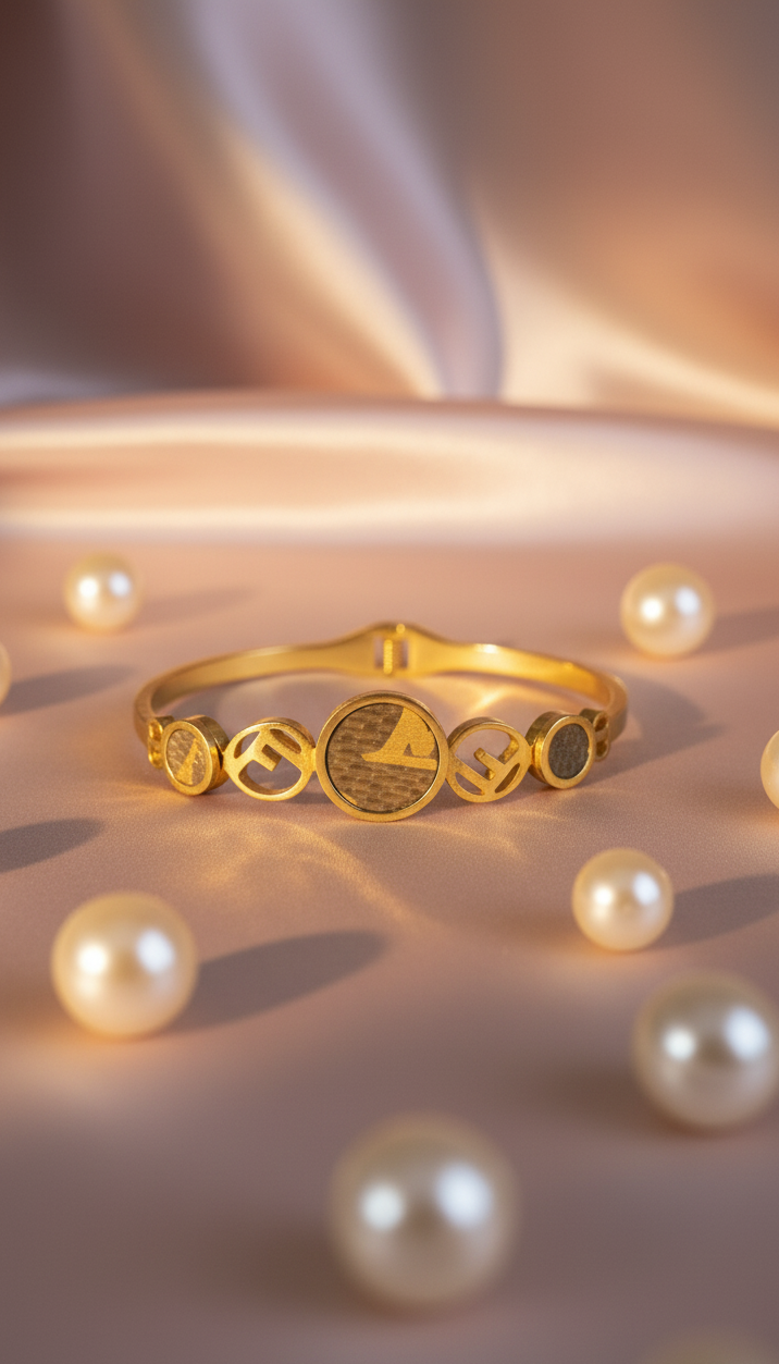 Gold ring with engraved symbols surrounded by pearls on a soft fabric background
